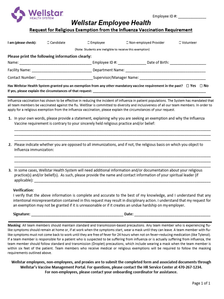Religious Exemption Request for Flu Vaccine | PDF | Influenza ...
