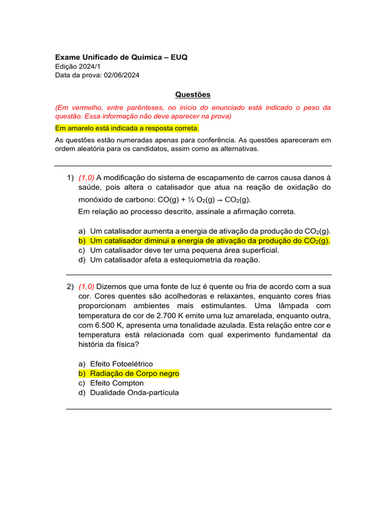 Exame Unificado de Química 2024/1 | PDF | Composto de coordenação ...