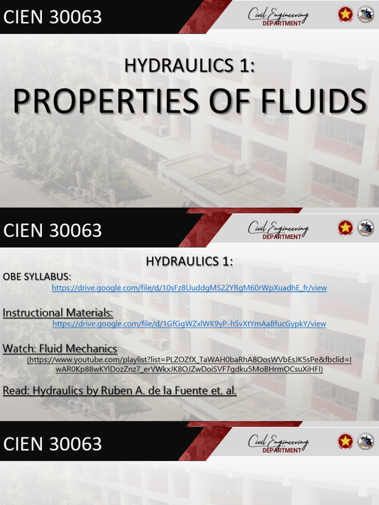 Hydraulics 1: Fluid Properties Overview | PDF | Density | Weight