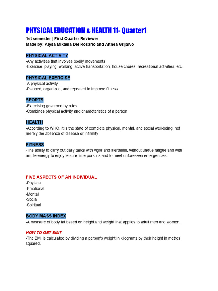 Physical Education & Health 11 Review | PDF | Body Mass Index ...