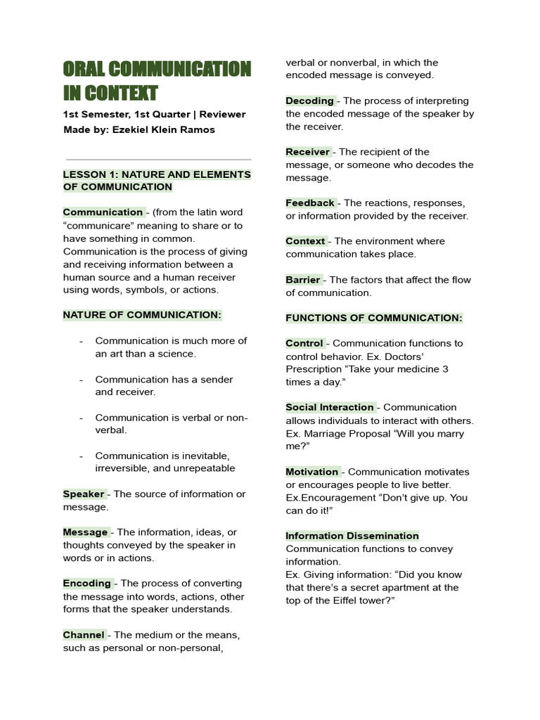 Oral Communication Reviewer for Grade 11 | PDF | Communication ...