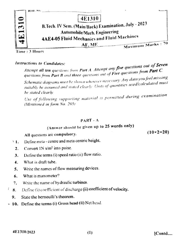 Btech Ae Me 4 Sem Fluid Mechanics and Fluid Machines 4e1310 Jul 2023 | PDF