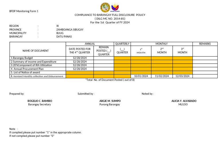 Barangay Full Disclosure Compliance Form | PDF