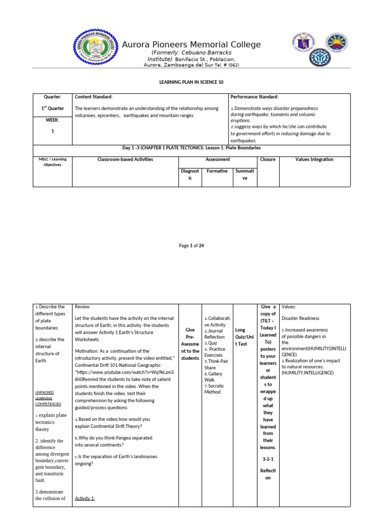 Science 10 Learning Plan: Plate Tectonics | PDF | Plate Tectonics | Volcano