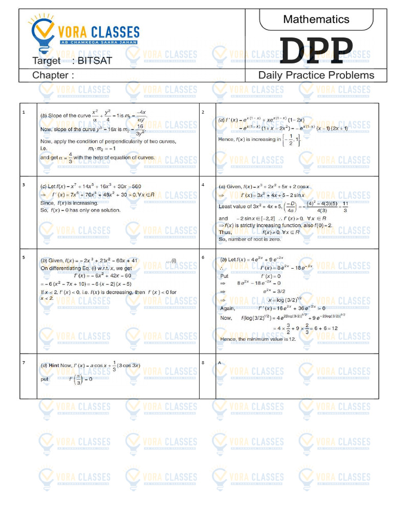 DPP Solution Applications of Derivatives Sol PDF None 1747803920 | PDF