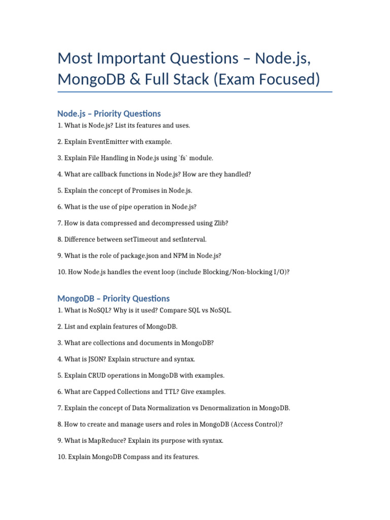 Key Node.js, MongoDB & Full Stack Exam Questions | PDF
