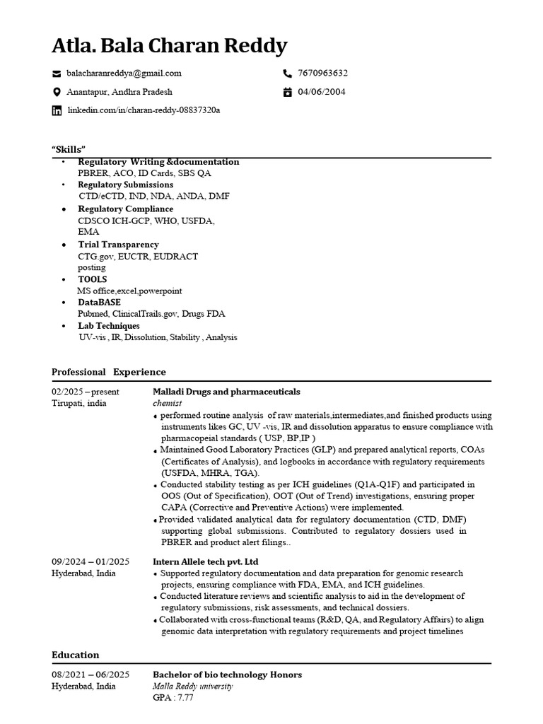 Charan - Resume - Medical Regulatory Writer Resume PDF | PDF | Food And ...
