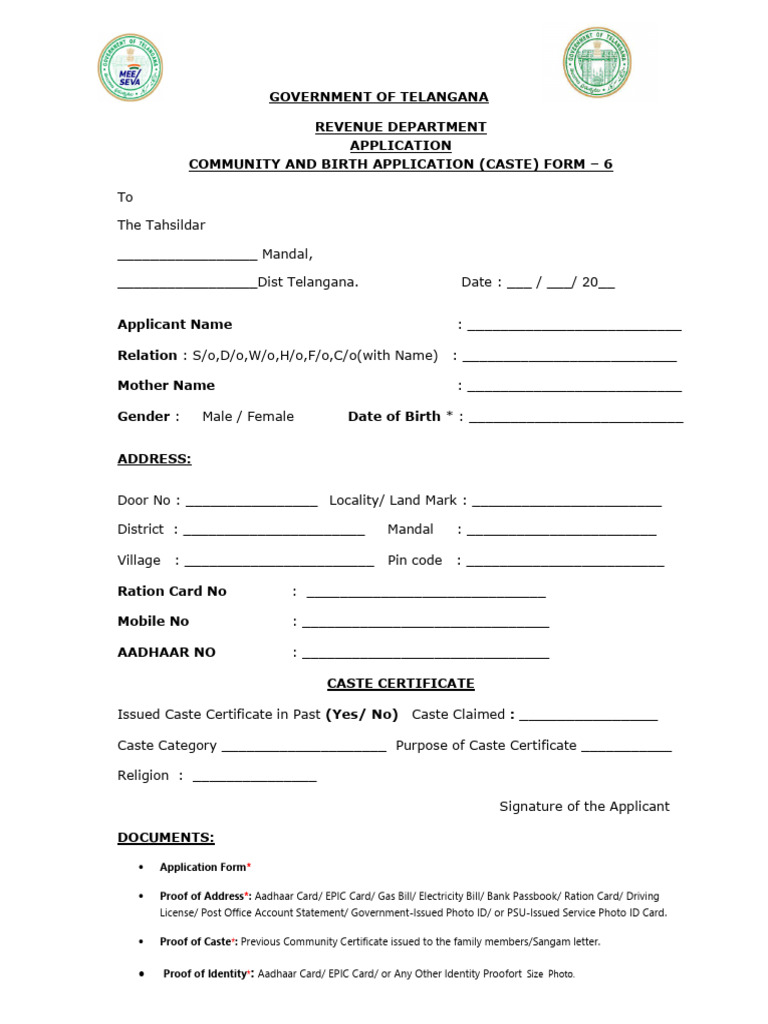 Telangana Caste Certificate Application Form | PDF