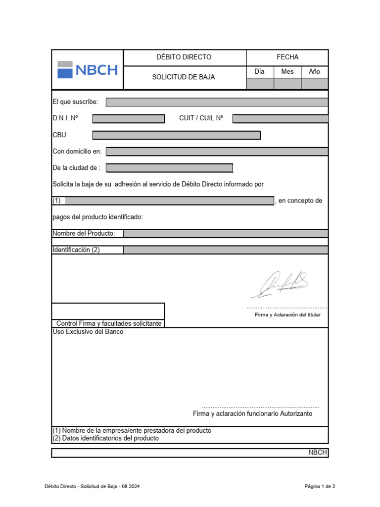 Débito Directo - Solicitud de Baja - Formulario | PDF