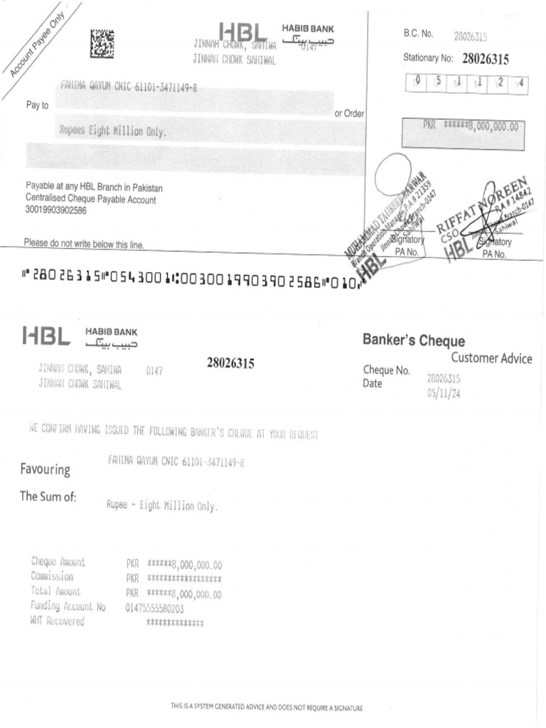 Banker's Cheque Customer Advice Document | PDF | Banks | Banking