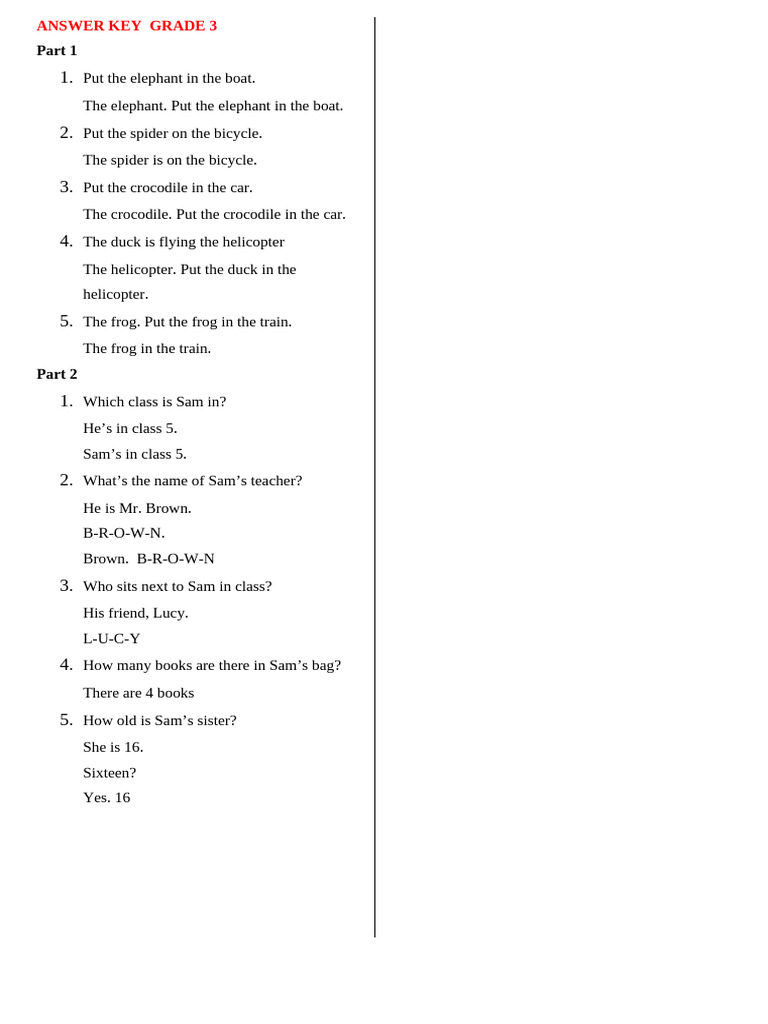 Answer Key Grade 3 | PDF