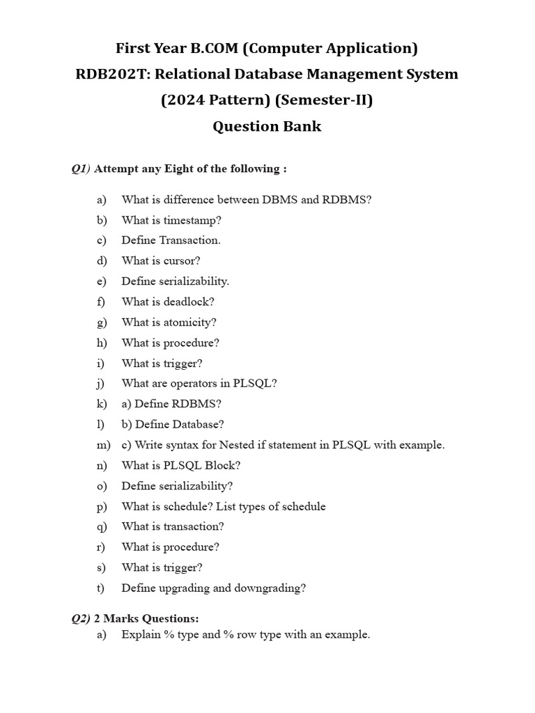 RDBMS Question Bank 2024 | PDF | Pl/Sql | Information Technology Management