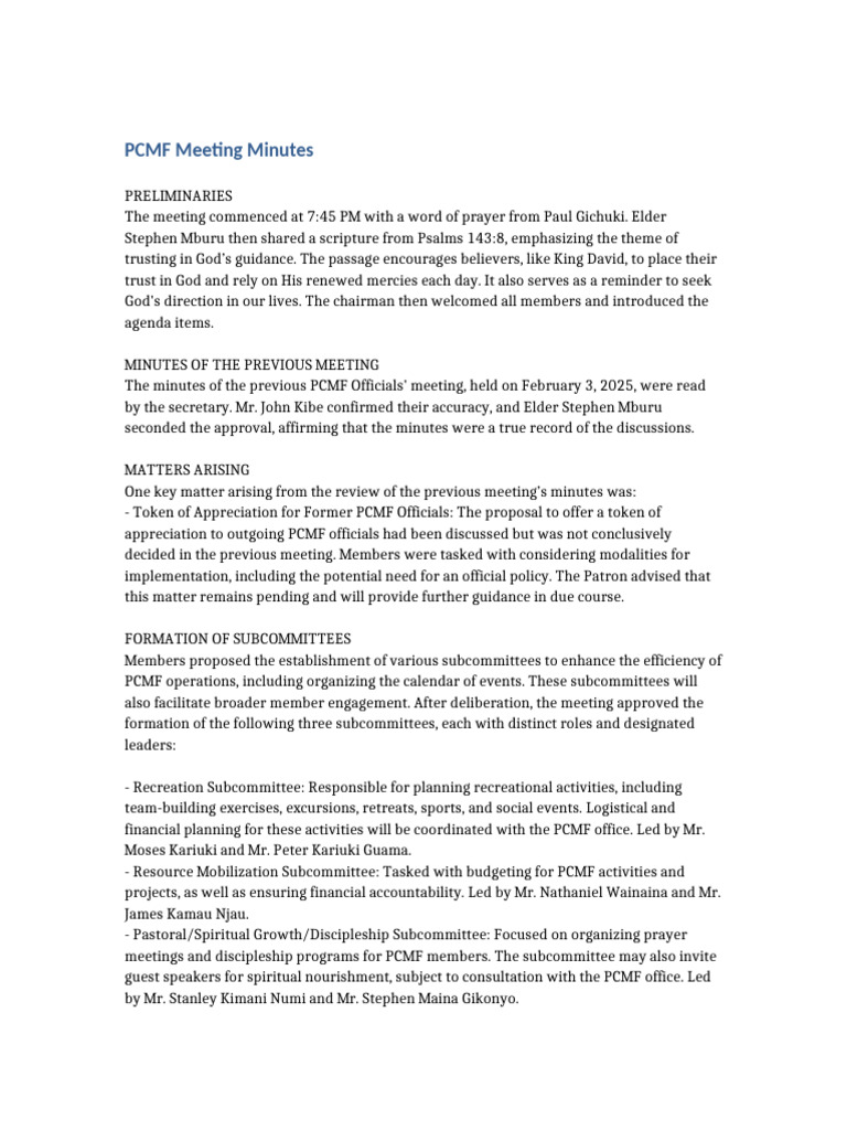 PCMF Meeting Minutes Summary | PDF