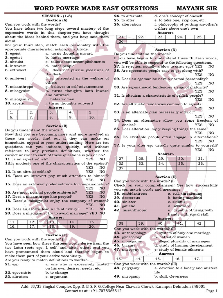 Word Power Mastery Questions Guide | PDF | Dentistry | Neurosis