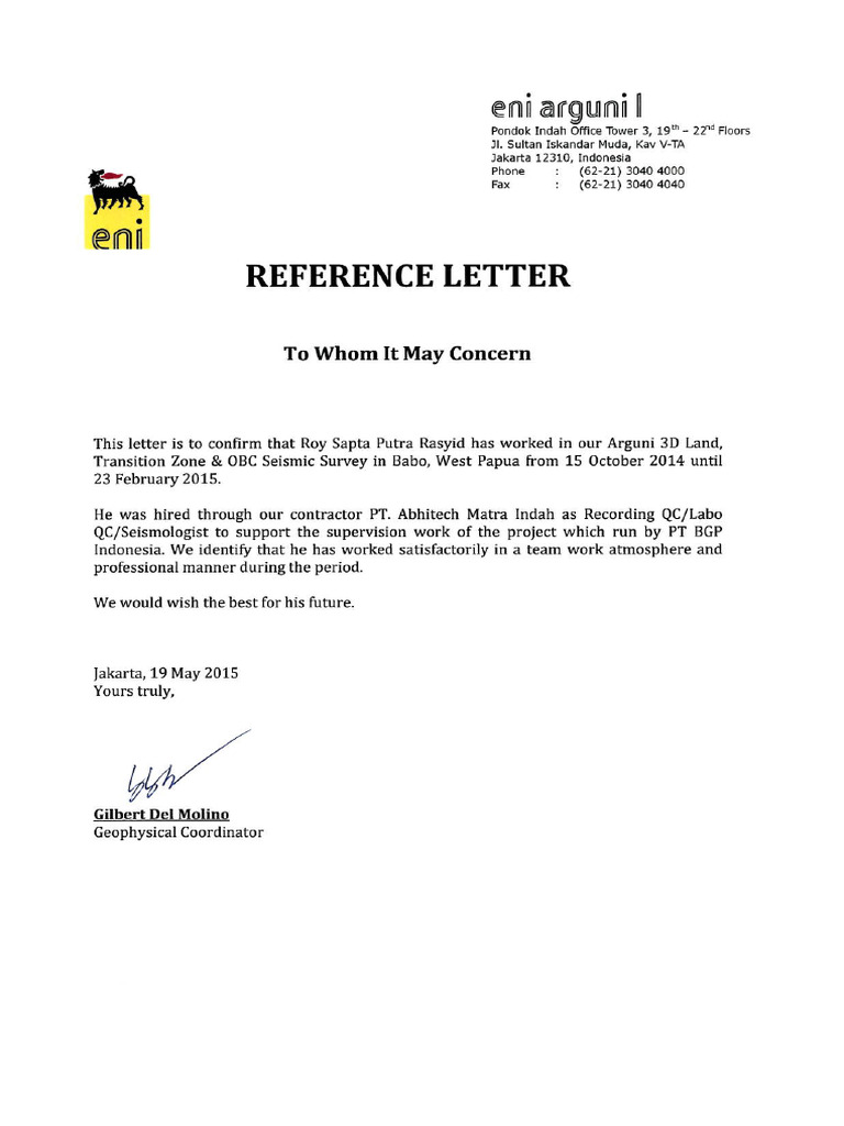 Reference Letter From ENI Indonesia Oil-1 | PDF