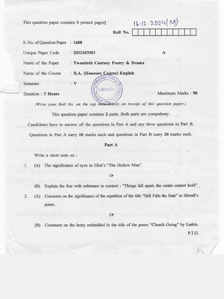 Twentieth Century Poetry & Drama Exam | PDF