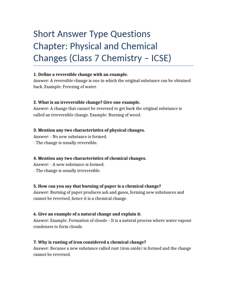 Physical and Chemical Changes Q&A | PDF | Chemical Substances | Water
