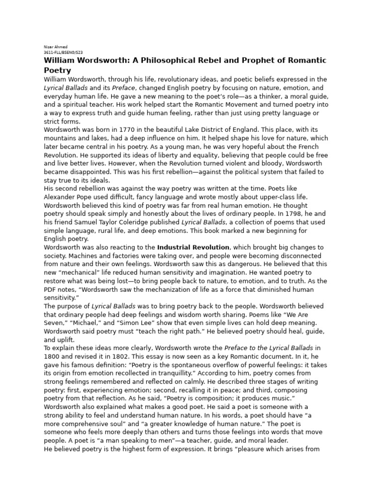 William Wordsworth Final PDF.. N A | PDF | William Wordsworth | Poetry