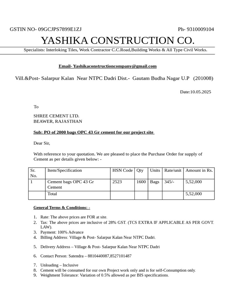 Purchase Order for OPC 43 Gr Cement | PDF