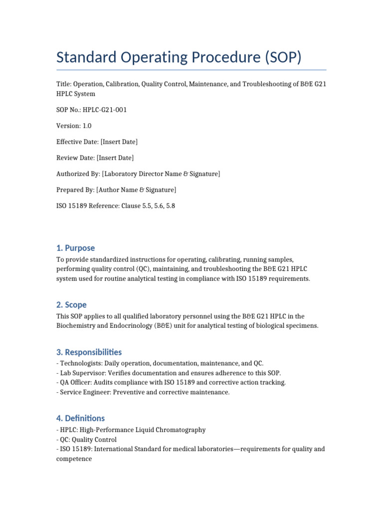 HPLC SOP: Operation and Calibration Guide | PDF | High Performance ...