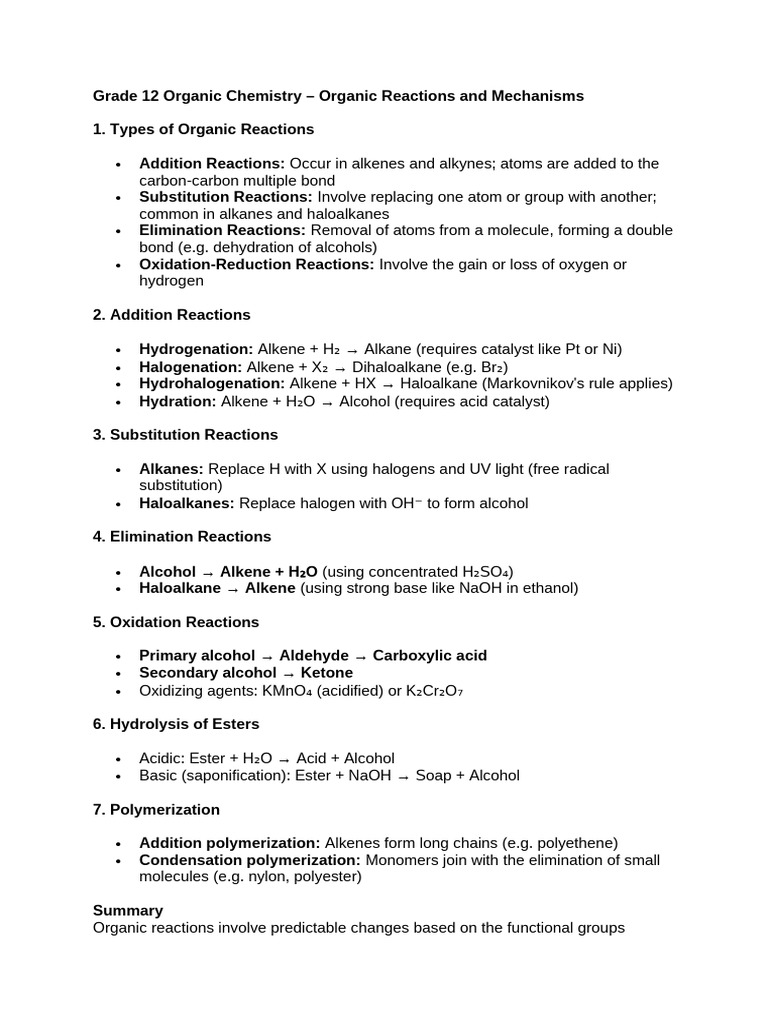 Grade 12 Organic Chemistry Reactions Guide | PDF