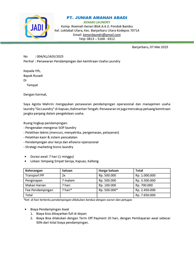 Penawaran Kemitraan Usaha Laundry Kapuas | PDF