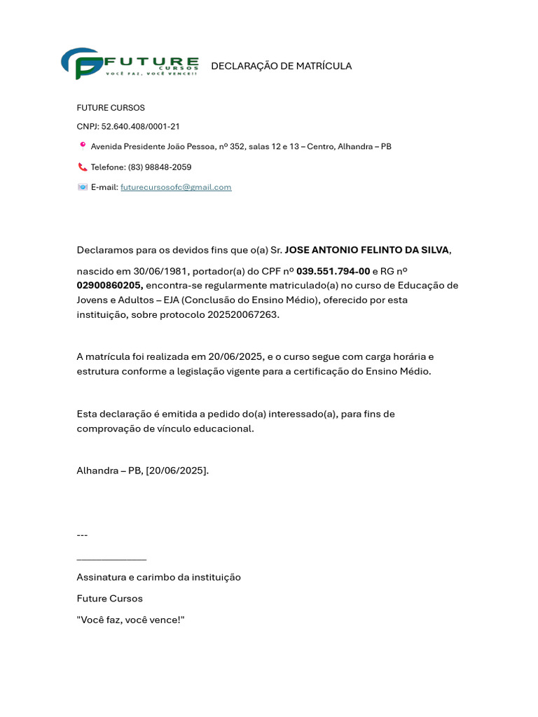 Declaração de Matrícula EJA - Future Cursos | PDF