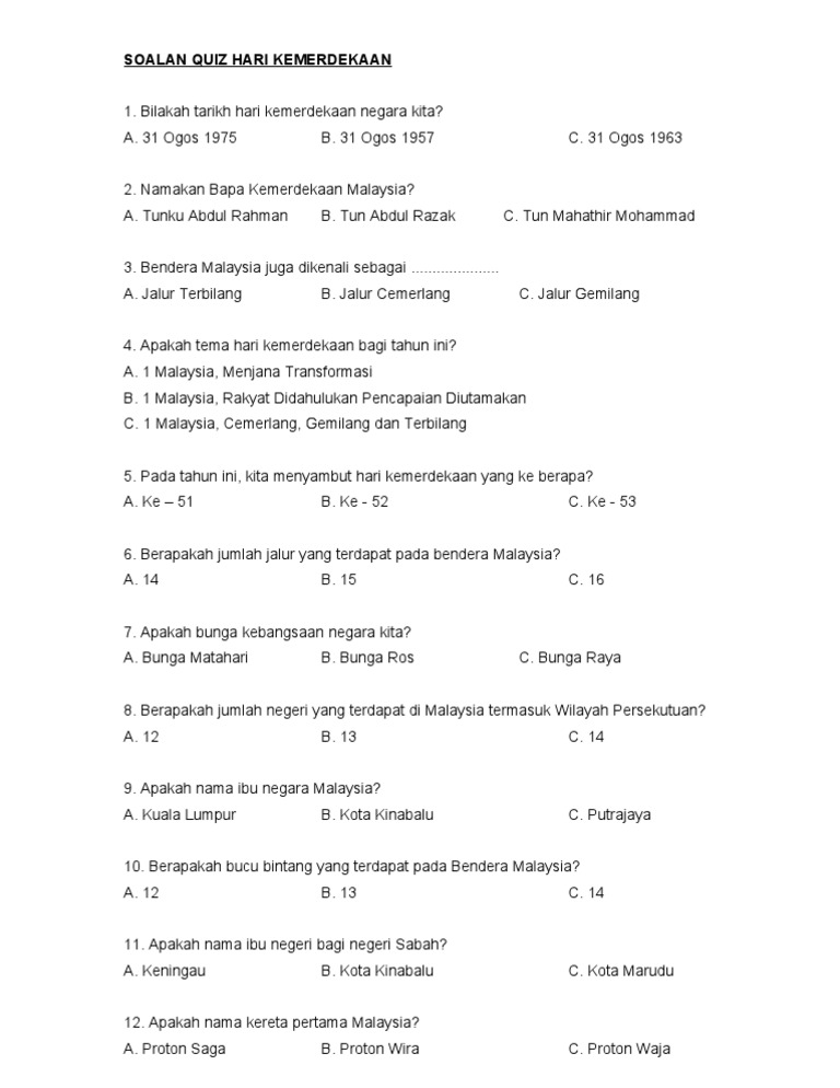 Kuiz Kemerdekaan Dengan Jawapan 2019