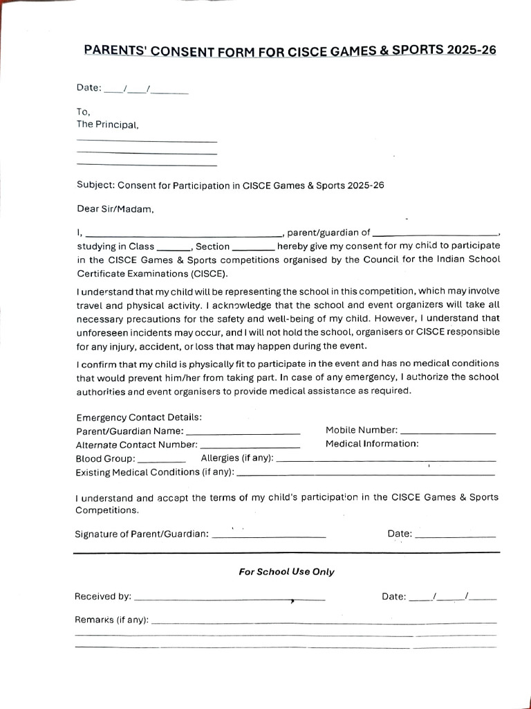CISCE Games & Sports Consent Form 2025-26 | PDF