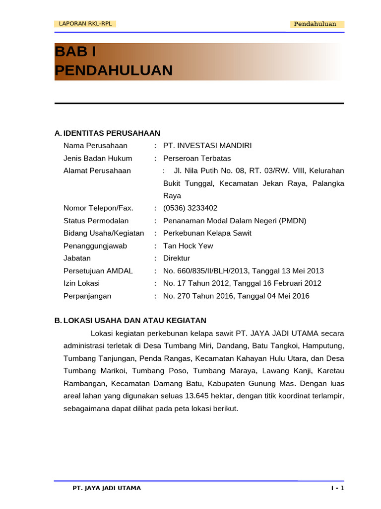 Laporan RKL-RPL Perkebunan Sawit PT Jaya Jadi Utama | PDF
