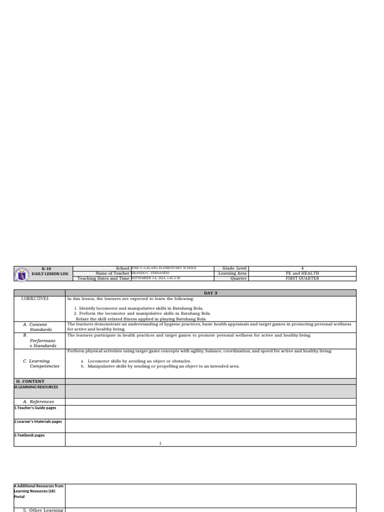 K-10 PE Daily Lesson Log: Batuhang Bola | PDF | Teachers | Learning