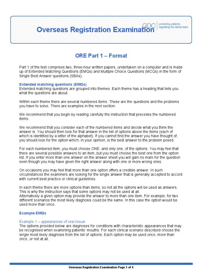 Overseas Registration Examination: ORE Part 1 - Format | PDF