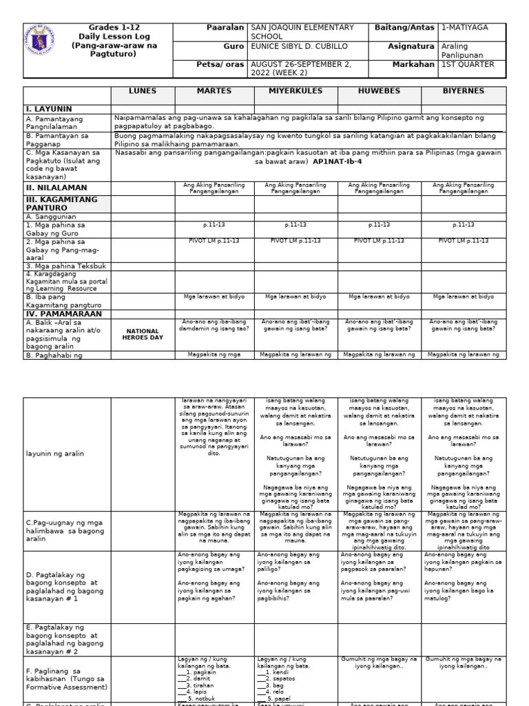 q1 AP DLL WK 2 Aug.26 Sept 2 Grade 1 | PDF
