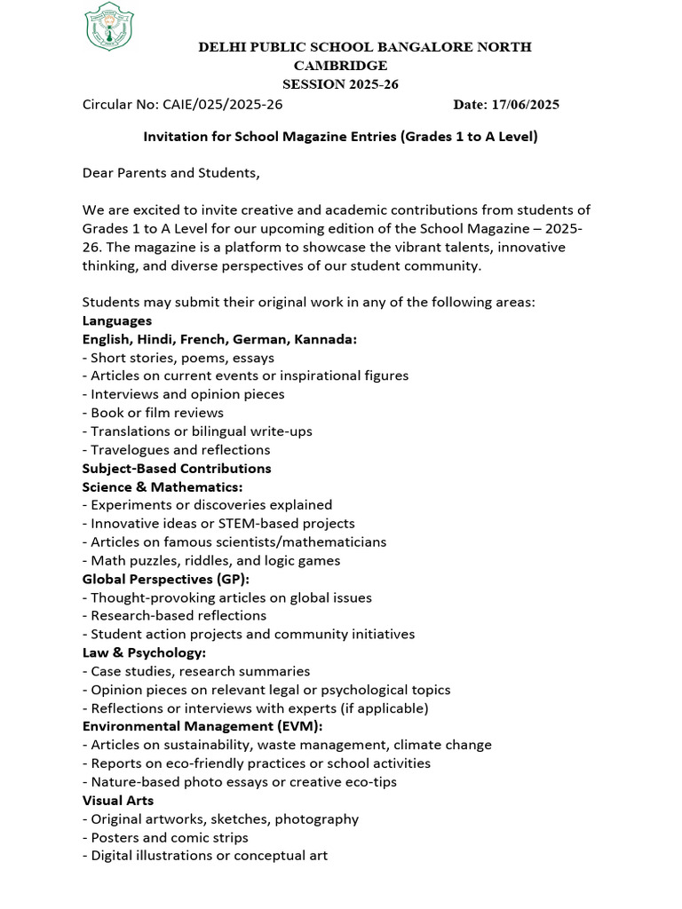 School Magazine Entry Invitation 2025-26 | PDF