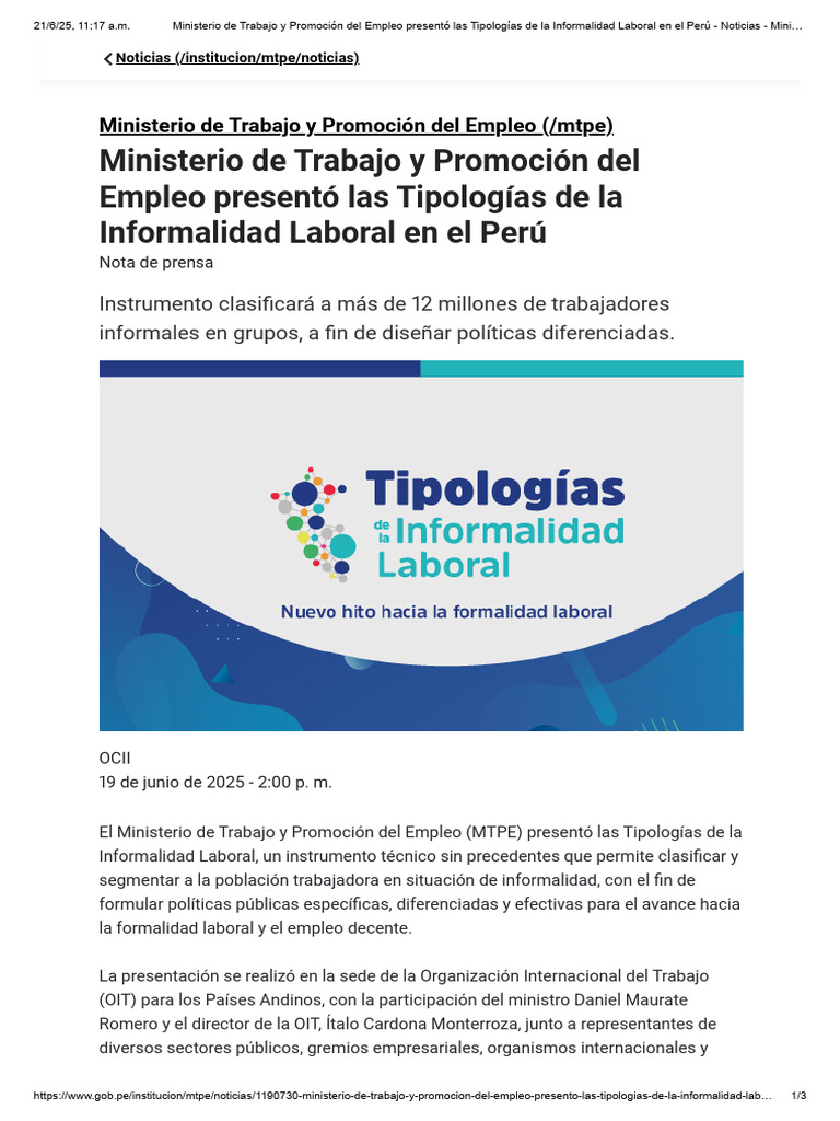Ministerio de Trabajo y Promoción Del Empleo Presentó Las Tipologías de ...