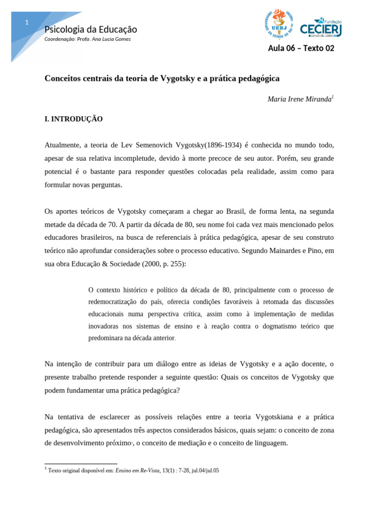 Vygotsky e a Prática Pedagógica | PDF | Psicologia | Aprendizado