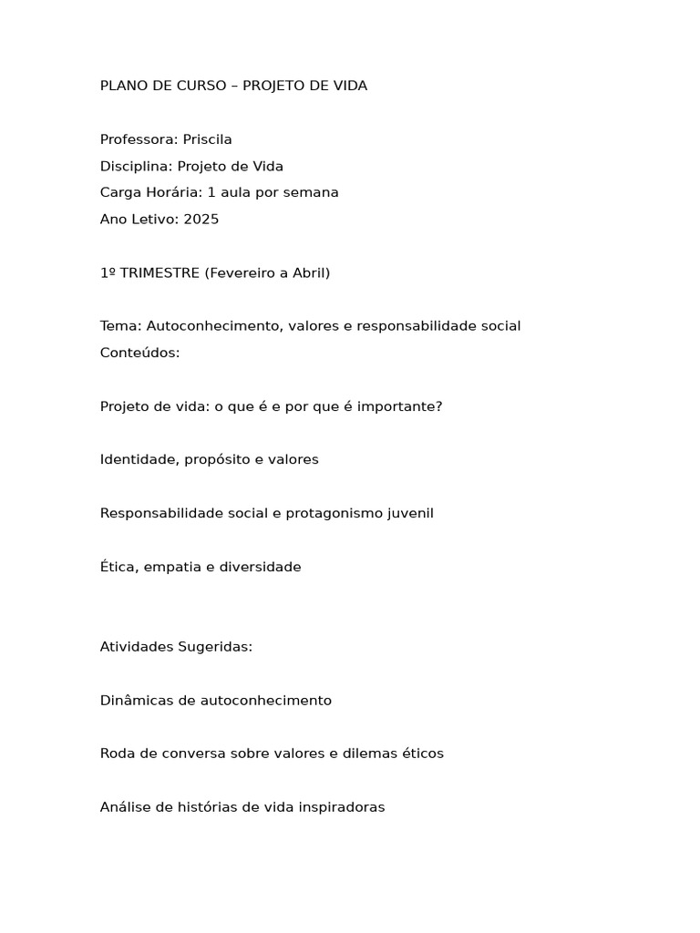 Plano de Curso: Projeto de Vida 2025 | PDF