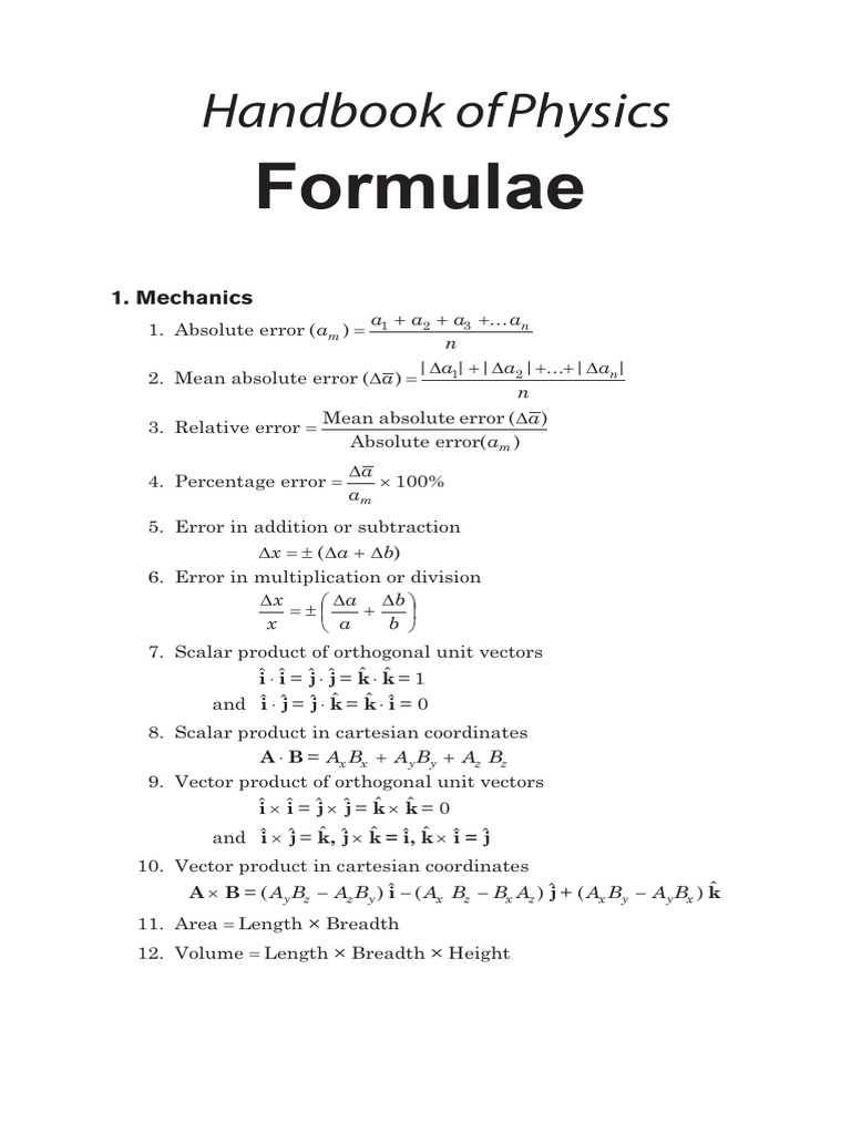 Class 11 Physics Formula Handbook | PDF | Inductance | Gases