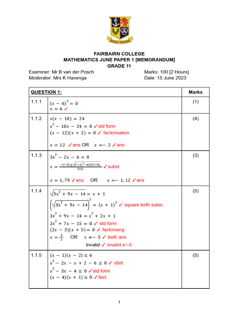 Grade 11 Mathematics June Exam Memo | PDF | Mathematics | Mathematical ...