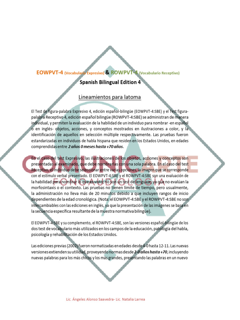 Evaluación Vocabulario Bilingüe EOWPVT-4 y ROWPVT-4 | PDF | Cognición ...