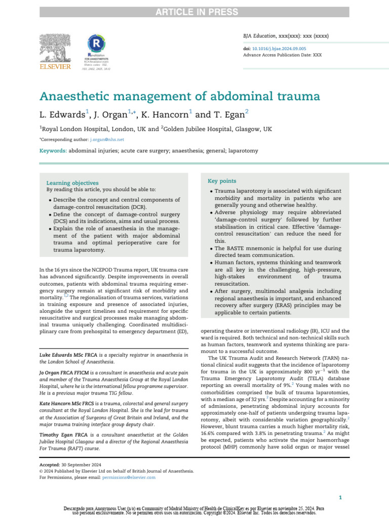 Anaesthetic Strategies for Abdominal Trauma | PDF | Major Trauma | Bleeding