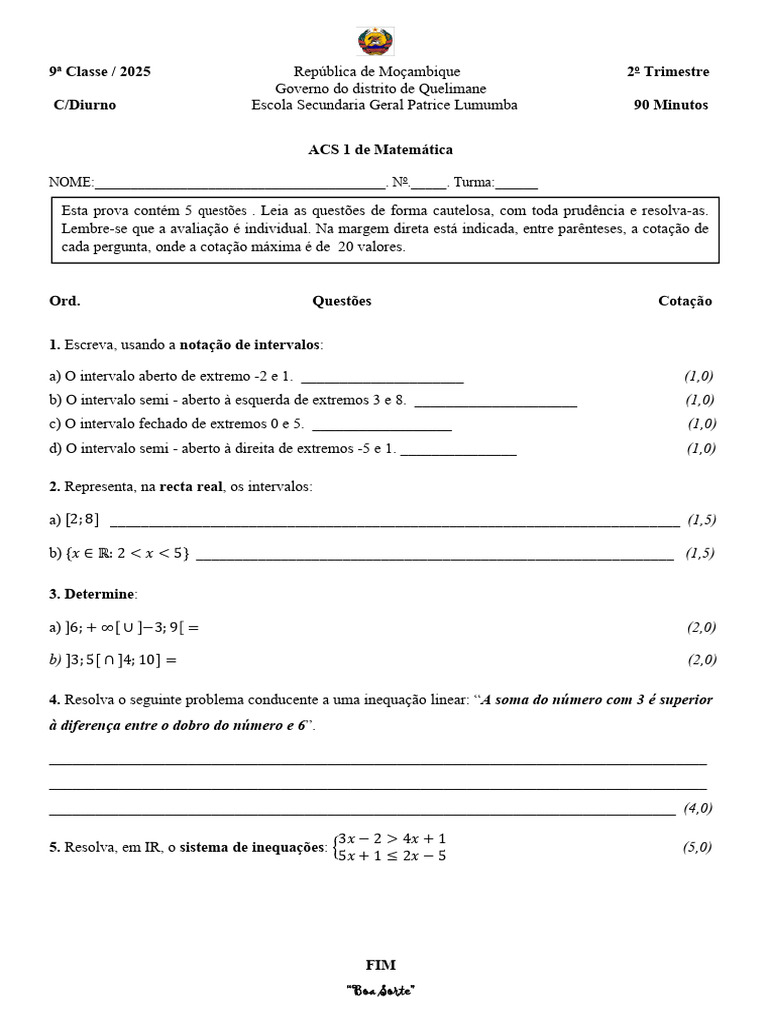 Exame de Matemática 9ª Classe 2025 | PDF
