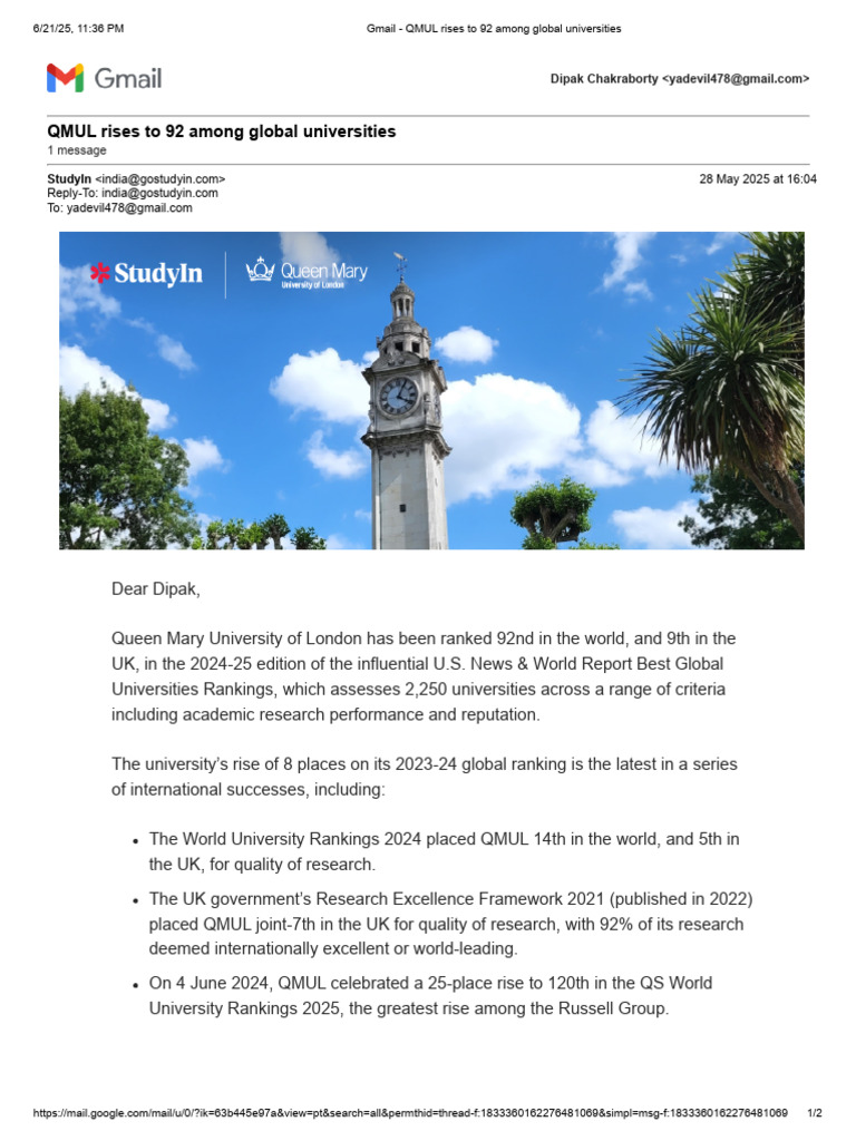 Gmail - QMUL Rises To 92 Among Global Universities | PDF | Academia ...
