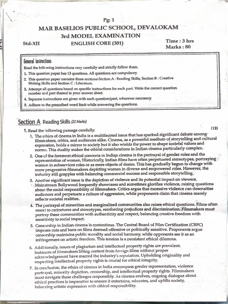 CBSE XII Model Examination 3 English 2025 | PDF