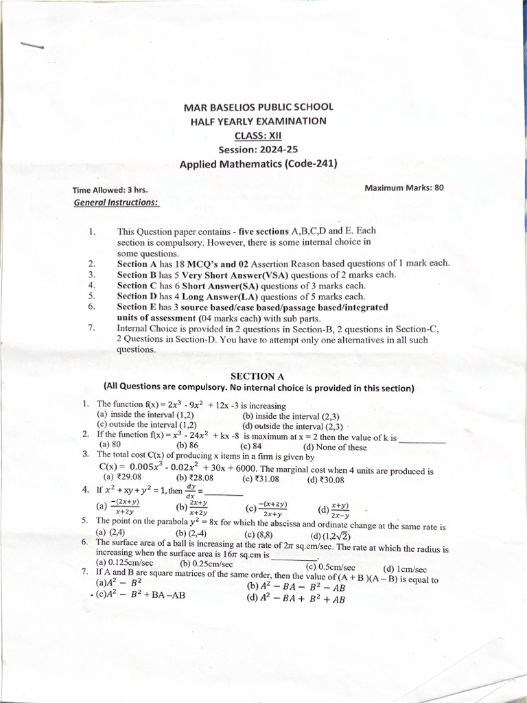 CBSE XII Half Yearly Examination Applied Mathematics 2025 | PDF