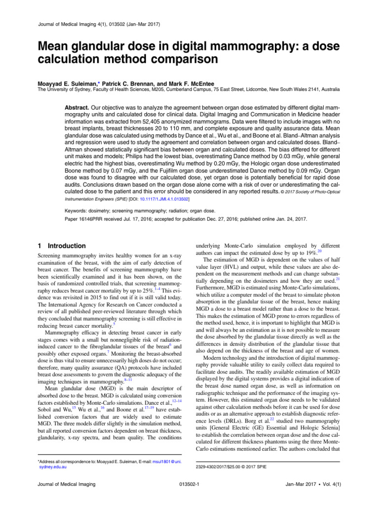 Mean Glandular Dose in Digital Mammography | PDF | Mammography | Breast ...