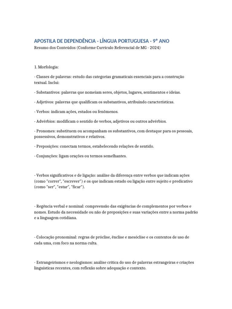 Apostila de Português 9º Ano: Morfologia e Sintaxe | PDF | Pronome ...