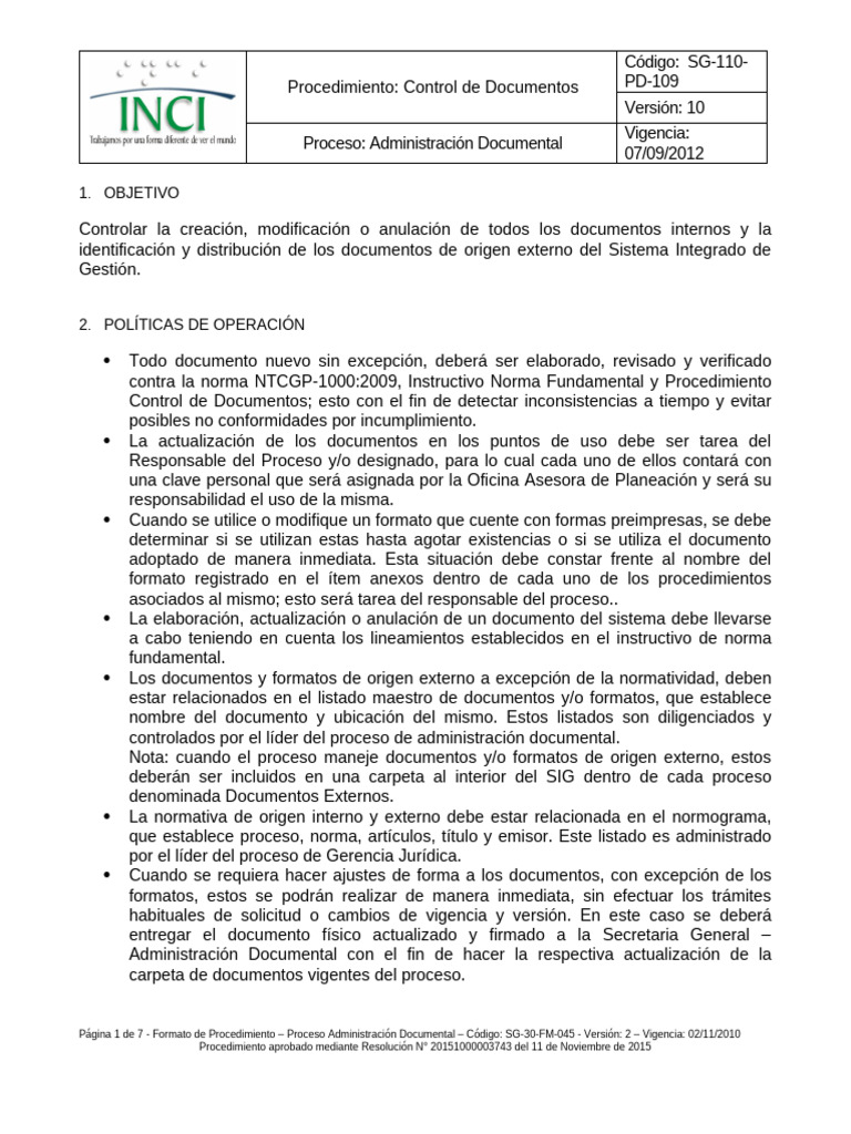 Procedimiento de Control Documental SG-110 | PDF | Documento | Gestión ...