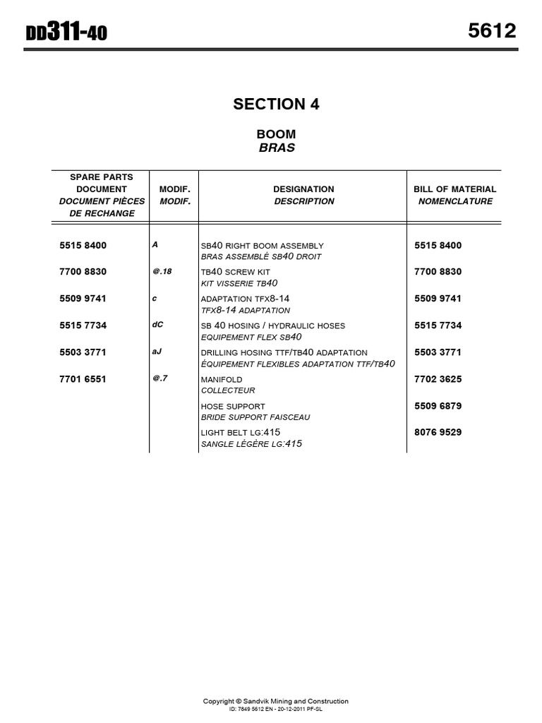 SB40 Boom Assembly Parts List | PDF | Screw | Equipment
