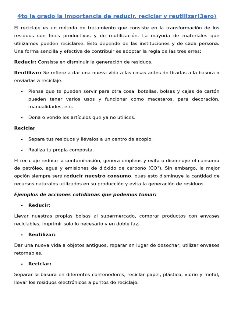 4to La Grado La Importancia de Reducir | PDF | Residuos | Reciclaje